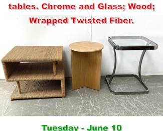 Lot 589 3pc Contemporary end side tables. Chrome and Glass Wood Wrapped Twisted Fiber.