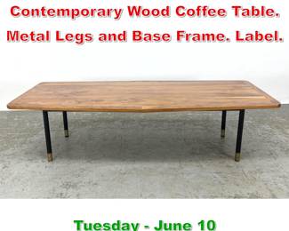 Lot 665 ORGANIC MODERNISM Contemporary Wood Coffee Table. Metal Legs and Base Frame. Label.