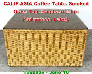 Lot 768 Woven Wicker Rattan CALIFASIA Coffee Table. Smoked Glass Top. Handcrafted in Philippines. Label. 