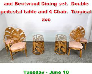 Lot 894 Mid Century Modern Rattan and Bentwood Dining set. Double pedestal table and 4 Chair. Tropical des