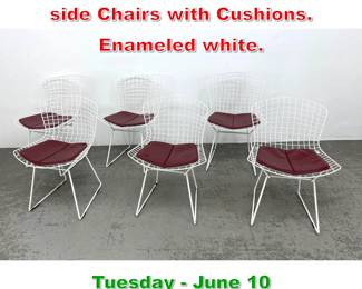 Lot 693 Set 6 Harry Bertoia Wire side Chairs with Cushions. Enameled white.