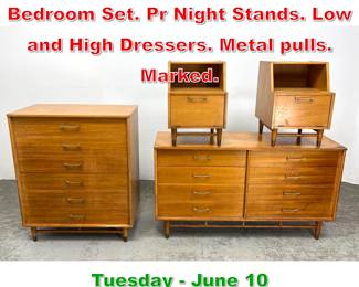 Lot 616 4pc DREXEL Modernist Bedroom Set. Pr Night Stands. Low and High Dressers. Metal pulls. Marked.