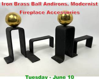 Lot 375 Pair French Style Black Iron Brass Ball Andirons. Modernist Fireplace Accessories