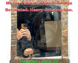Lot 435 Decorator Forged Iron Wall Mirror. Patinated finish. Ginkgo Decorated. Heavy construction.