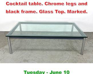 Lot 777 CASSINA Italian Coffee Cocktail table. Chrome legs and black frame. Glass Top. Marked. 
