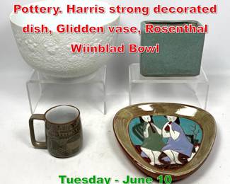 Lot 355 4pcs Mid Century Modern Pottery. Harris strong decorated dish, Glidden vase, Rosenthal Wiinblad Bowl