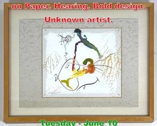 Lot 321 Abstract Modern Painting on Paper. Hearing. Bold design. Unknown artist.
