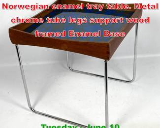 Lot 302 Hermann Bongard Norwegian enamel tray table. Metal chrome tube legs support wood framed Enamel Base