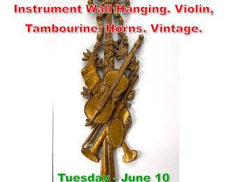 Lot 689 Gilt Gessoed Wood Musical Instrument Wall Hanging. Violin, Tambourine, Horns. Vintage.