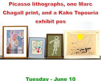 Lot 529 4pcs Prints. Two Pablo Picasso lithographs, one Marc Chagall print, and a Kako Topouria exhibit pos