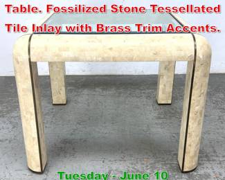 Lot 456 Maitland Smith style Dining Table. Fossilized Stone Tessellated Tile Inlay with Brass Trim Accents.
