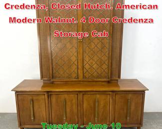 Lot 624 JOHNSON Furniture 2 Part Credenza, Closed Hutch. American Modern Walnut. 4 Door Credenza Storage Cab