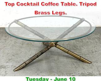 Lot 467 Brass Faux Bamboo Glass Top Cocktail Coffee Table. Tripod Brass Legs.