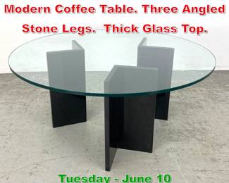 Lot 547 Black Granite Glass Top Modern Coffee Table. Three Angled Stone Legs. Thick Glass Top.