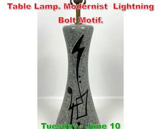 Lot 604 Mottled Glaze Tall Ceramic Table Lamp. Modernist Lightning Bolt Motif.