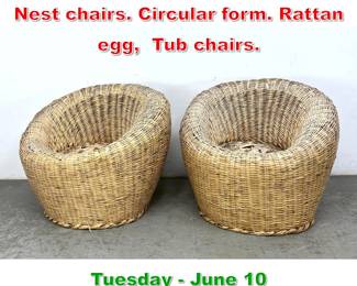 Lot 713 Pair Split reed Woven Bird Nest chairs. Circular form. Rattan egg, Tub chairs.