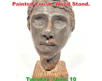 Lot 345 Small Clay Bust Sculpture. Painted Finish. Wood Stand.