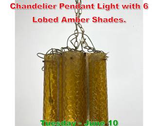 Lot 536 Mid Century Modern Chandelier Pendant Light with 6 Lobed Amber Shades.