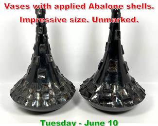 Lot 314 Pair French Style Lacquer Vases with applied Abalone shells. Impressive size. Unmarked.