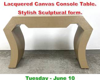 Lot 662 Carl Springer style Lacquered Canvas Console Table. Stylish Sculptural form.