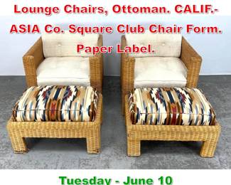 Lot 767 4pc Woven Wicker Rattan Lounge Chairs, Ottoman. CALIF.ASIA Co. Square Club Chair Form. Paper Label.