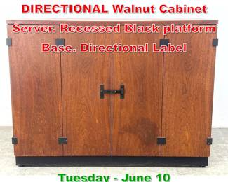 Lot 850 MILO BAUGHMAN for DIRECTIONAL Walnut Cabinet Server. Recessed Black platform Base. Directional Label