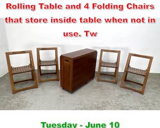 Lot 825 Drop Side Dining Set. Rolling Table and 4 Folding Chairs that store inside table when not in use. Tw