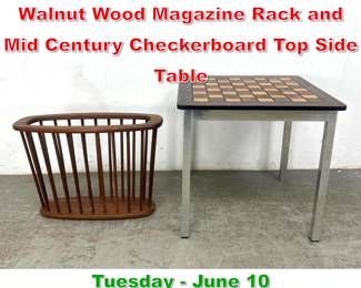 Lot 855 2pcs. Arthur Umanoff Walnut Wood Magazine Rack and Mid Century Checkerboard Top Side Table