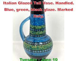 Lot 357 ALDO LONDI for BITOSSI Italian Glazed Tall Vase. Handled. Blue, green, black glaze. Marked Italy.