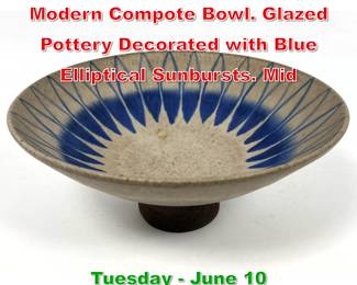 Lot 346 THOMAS TOFT Danish Modern Compote Bowl. Glazed Pottery Decorated with Blue Elliptical Sunbursts. Mid