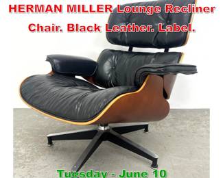 Lot 308 CHARLES EAMES for HERMAN MILLER Lounge Recliner Chair. Black Leather. Label.