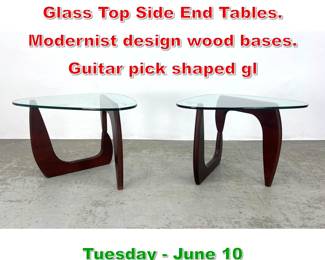 Lot 902 Pr Isamu Noguchi style Glass Top Side End Tables. Modernist design wood bases. Guitar pick shaped gl