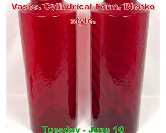 Lot 685 Pr Tall Red Art Glass Vases. Cylindrical Form. Blenko style.