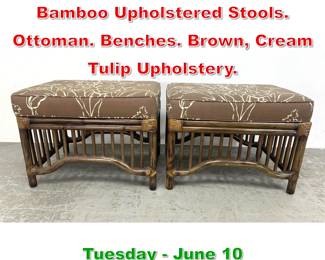 Lot 566 Pr WILLOW and REED Dark Bamboo Upholstered Stools. Ottoman. Benches. Brown, Cream Tulip Upholstery.
