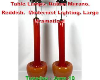 Lot 532 Pr Long Necked Art Glass Table Lamps. Italian Murano. Reddish. Modernist Lighting. Large dramatic d