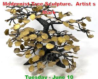 Lot 401 Signed AA Mixed Metal Modernist Tree Sculpture. Artist s Mark