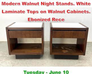 Lot 911 2pc LANE American Modern Walnut Night Stands. White Laminate Tops on Walnut Cabinets. Ebonized Rece