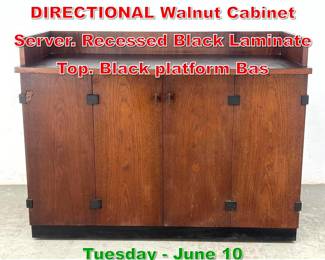Lot 852 MILO BAUGHMAN for DIRECTIONAL Walnut Cabinet Server. Recessed Black Laminate Top. Black platform Bas