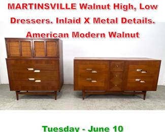Lot 862 2pc AMERICAN MARTINSVILLE Walnut High, Low Dressers. Inlaid X Metal Details. American Modern Walnut