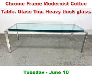 Lot 374 Mid Century Modern Chrome Frame Modernist Coffee Table. Glass Top. Heavy thick glass.