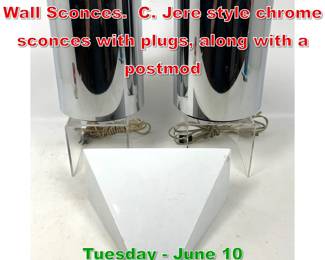 Lot 810 3pcs Mid Century Modern Wall Sconces. C. Jere style chrome sconces with plugs, along with a postmod
