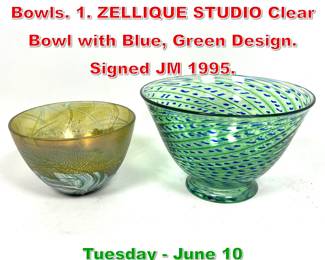 Lot 336 2pc Vintage Art Glass Bowls. 1. ZELLIQUE STUDIO Clear Bowl with Blue, Green Design. Signed JM 1995.
