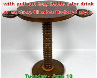 Lot 677 French Round side table with pull out tray holders for drink or ashtray. Charles Dudouyt style.