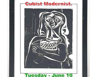 Lot 382 Woodblock Portrait Print. Cubist Modernist.