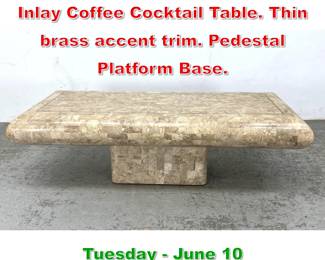 Lot 785 Tessellated Marble Tile Inlay Coffee Cocktail Table. Thin brass accent trim. Pedestal Platform Base.