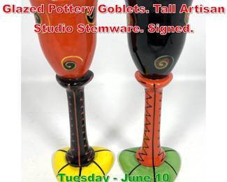 Lot 341 2pc BROUSSARD Colorful Glazed Pottery Goblets. Tall Artisan Studio Stemware. Signed.