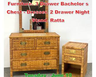Lot 602 3pc Woven Rattan Bedroom Furniture. 3 Drawer Bachelor s Chest Dresser. 2 Drawer Night Stand. Ratta