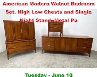 Lot 613 3pc KENT COFFEY American Modern Walnut Bedroom Set. High Low Chests and Single Night Stand. Metal Pu