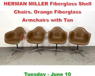 Lot 641 Set 4 CHARLES EAMES for HERMAN MILLER Fiberglass Shell Chairs. Orange Fiberglass Armchairs with Tan