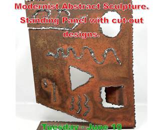 Lot 584 Brutalist Welded Metal Modernist Abstract Sculpture. Standing Panel with cutout designs.